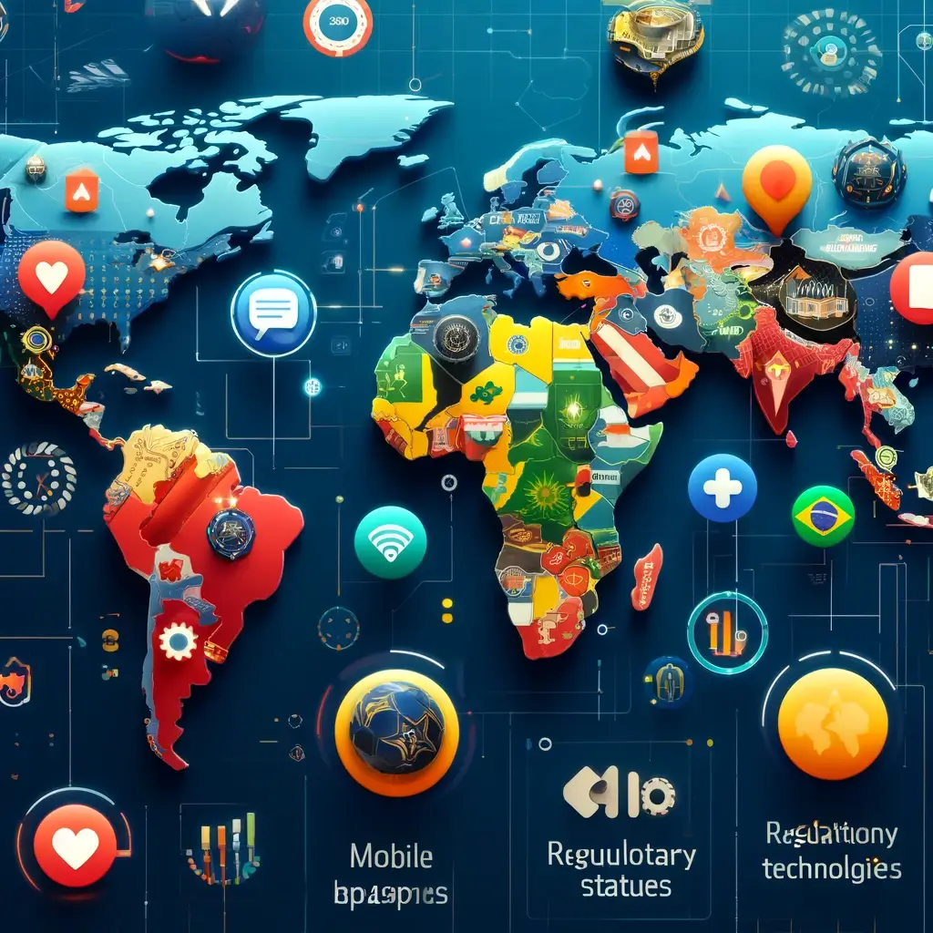 A digital map highlighting emerging sports betting markets across the world, with icons and markers for technology like mobile apps and AI, and notes on regulatory statuses in countries like Kenya, Brazil, and India.