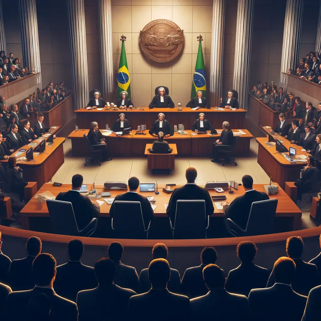 This image captures a formal courtroom setting in the Supreme Federal Court of Brazil, where the future of sports betting in Rio de Janeiro is being intensely debated.