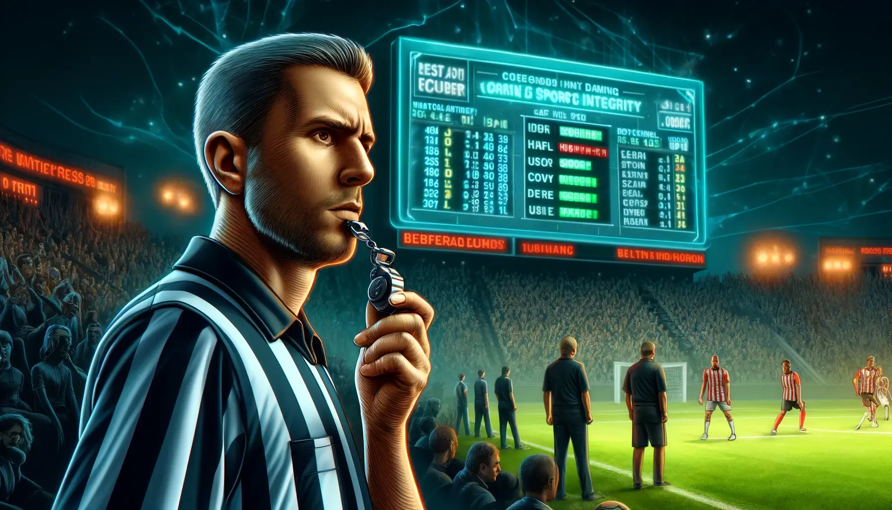 A detailed digital illustration of a referee overseeing a sports match, holding a whistle while looking concerned. In the background, a scoreboard displays fluctuating betting odds, and spectators watch intently. 