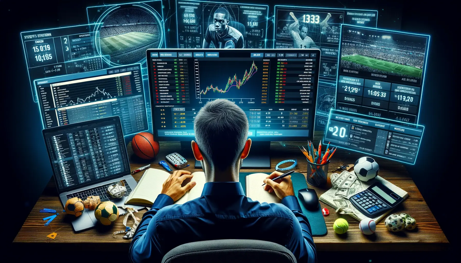 A person sitting at a desk with multiple screens displaying sports betting odds, statistics, and a sportsbook website. The person is intensely focused, with a notebook and pen for taking notes, symbolizing strategic planning in sports betting. The background includes sports memorabilia and a calendar with marked dates for major sports events.