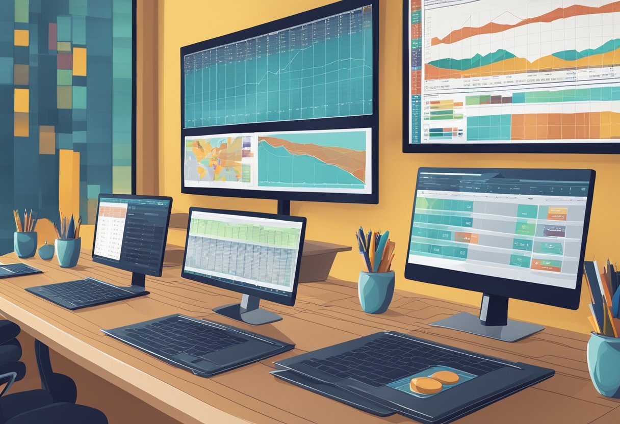 A table with multiple computer screens showing different sportsbooks' odds for various games. Charts and graphs display risk management strategies