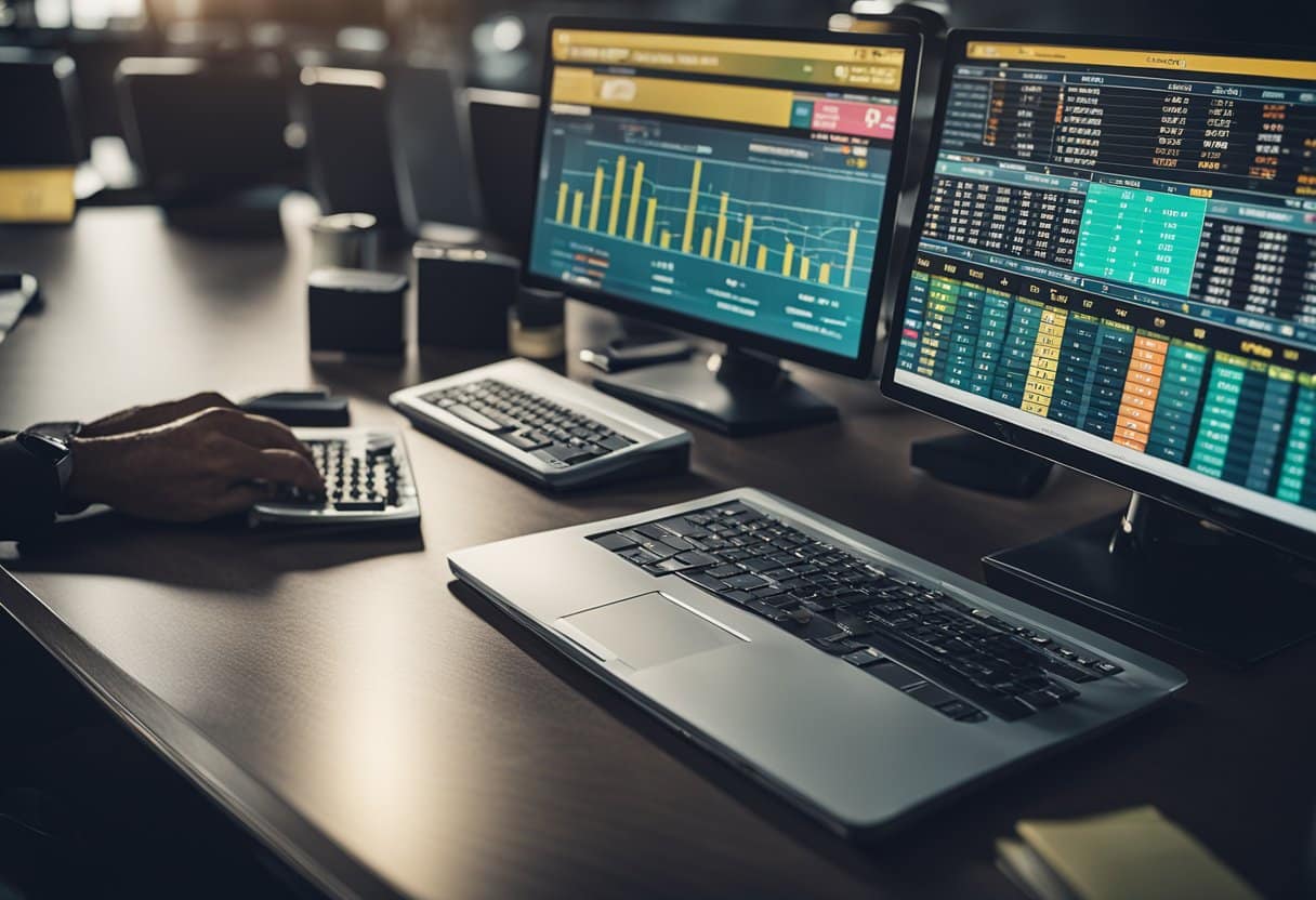 A sports betting scene with charts, graphs, and calculations on a computer screen, representing advanced bankroll management using the Kelly Criterion