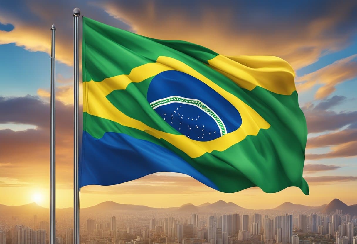 A vibrant Brazilian flag waves in the wind against a backdrop of iconic landmarks, symbolizing the transformation of the Latin American sports betting landscape