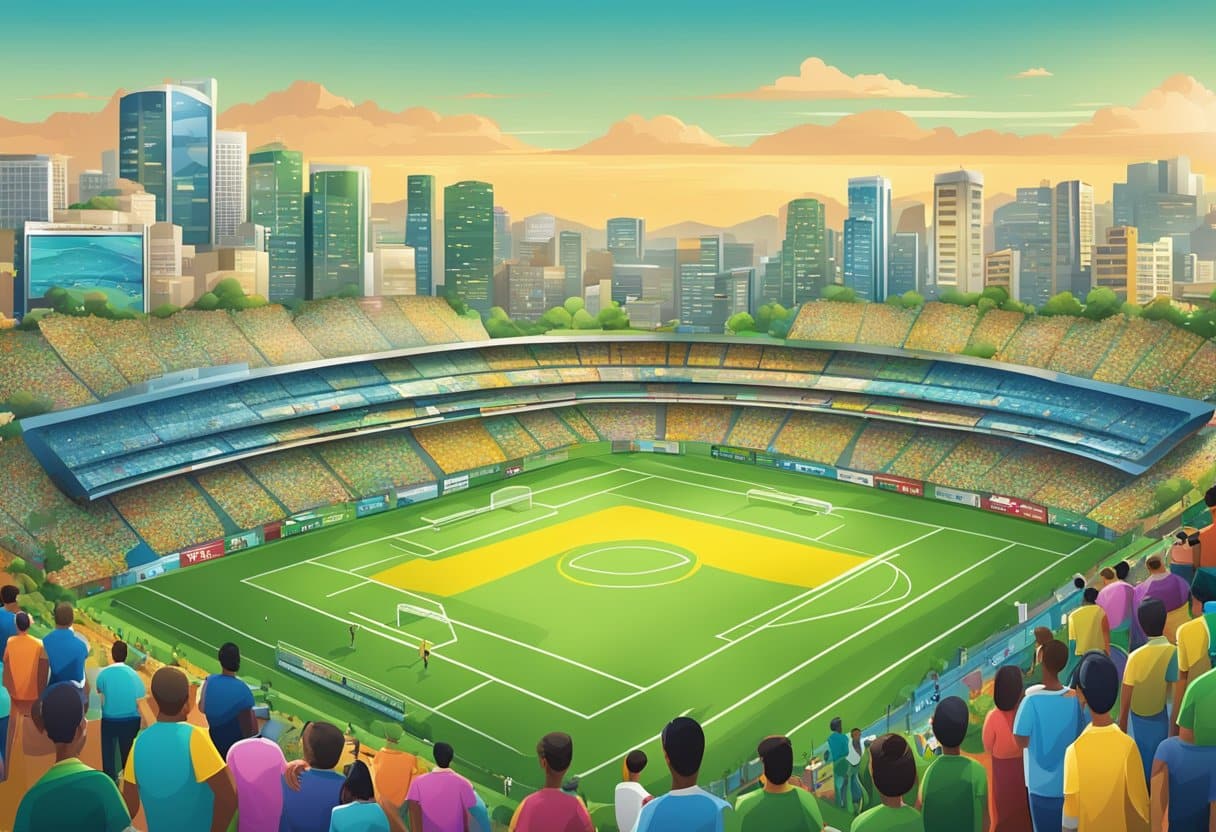 A bustling Brazilian city skyline with sports stadiums and betting shops, surrounded by vibrant Latin American landscapes