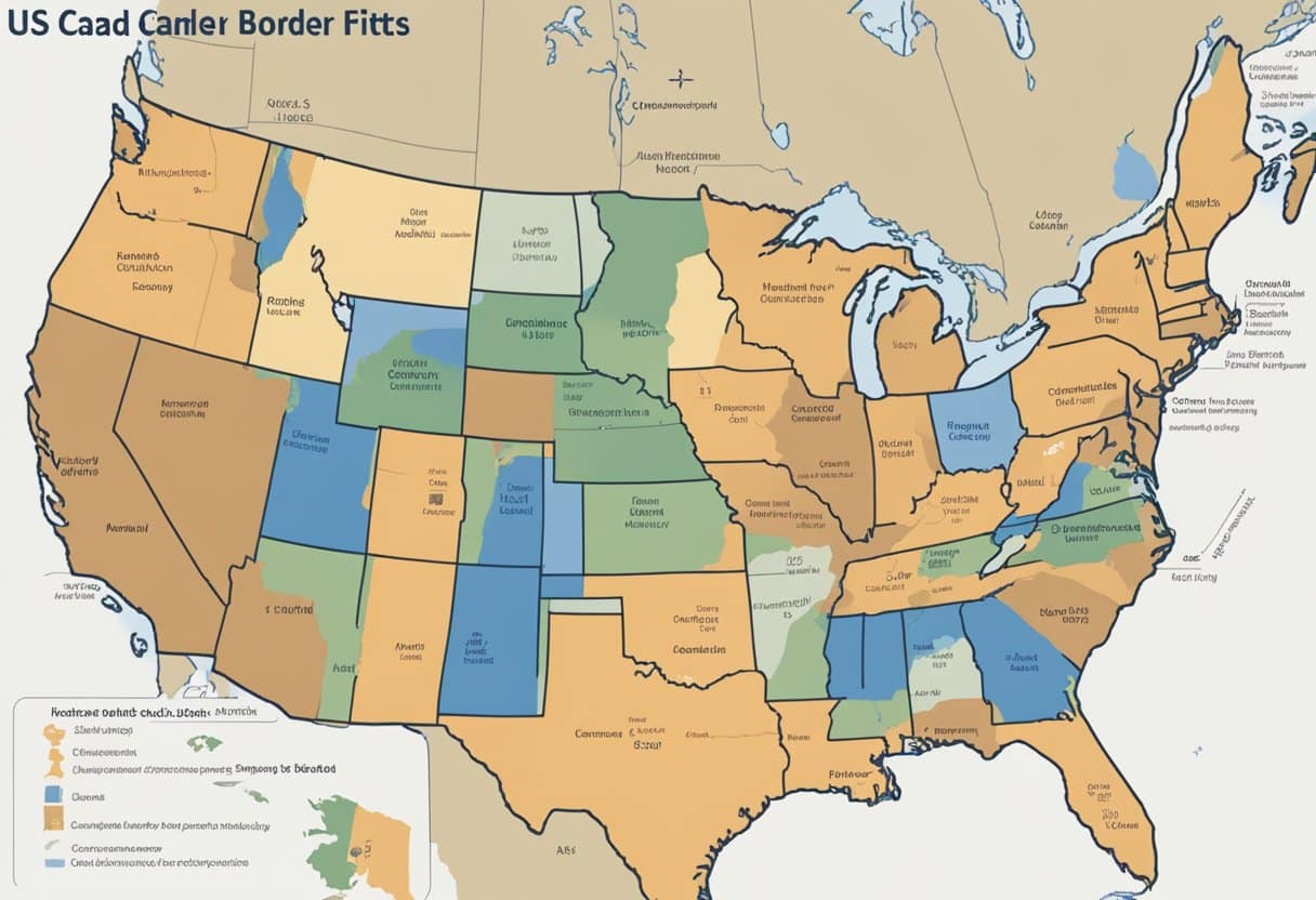 A map of the US-Canada border with legal documents and scales representing regulatory bodies and consumer protection laws for cross-border sports betting