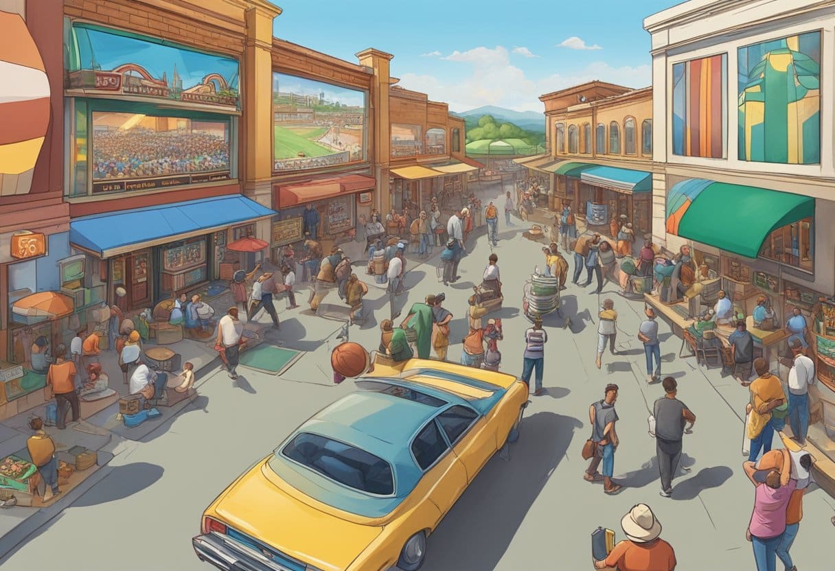 A bustling border town with a sportsbook on one side and a casino on the other, separated by a line on the ground. Patrons flow freely between the two, placing bets and playing games