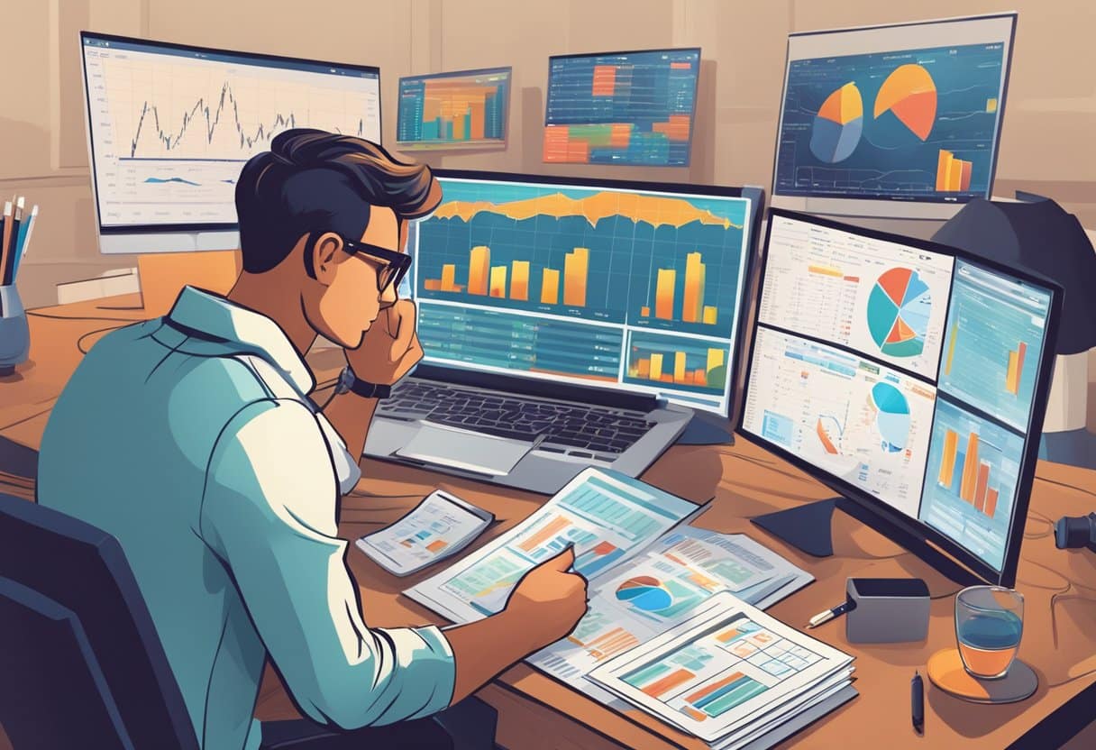 A person studying a sports betting book while surrounded by financial market charts and graphs