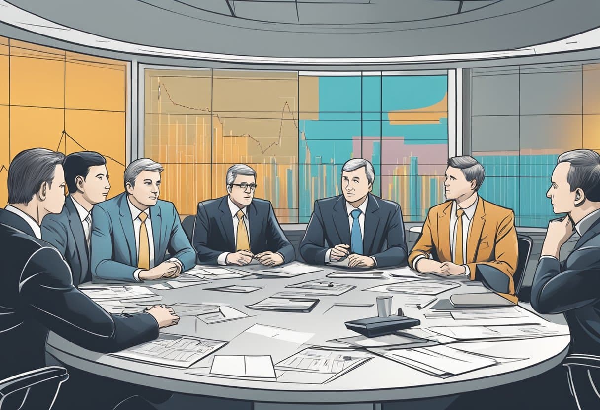 A group of officials discussing regulations around microbetting at a conference table, while charts and graphs are displayed on a screen behind them