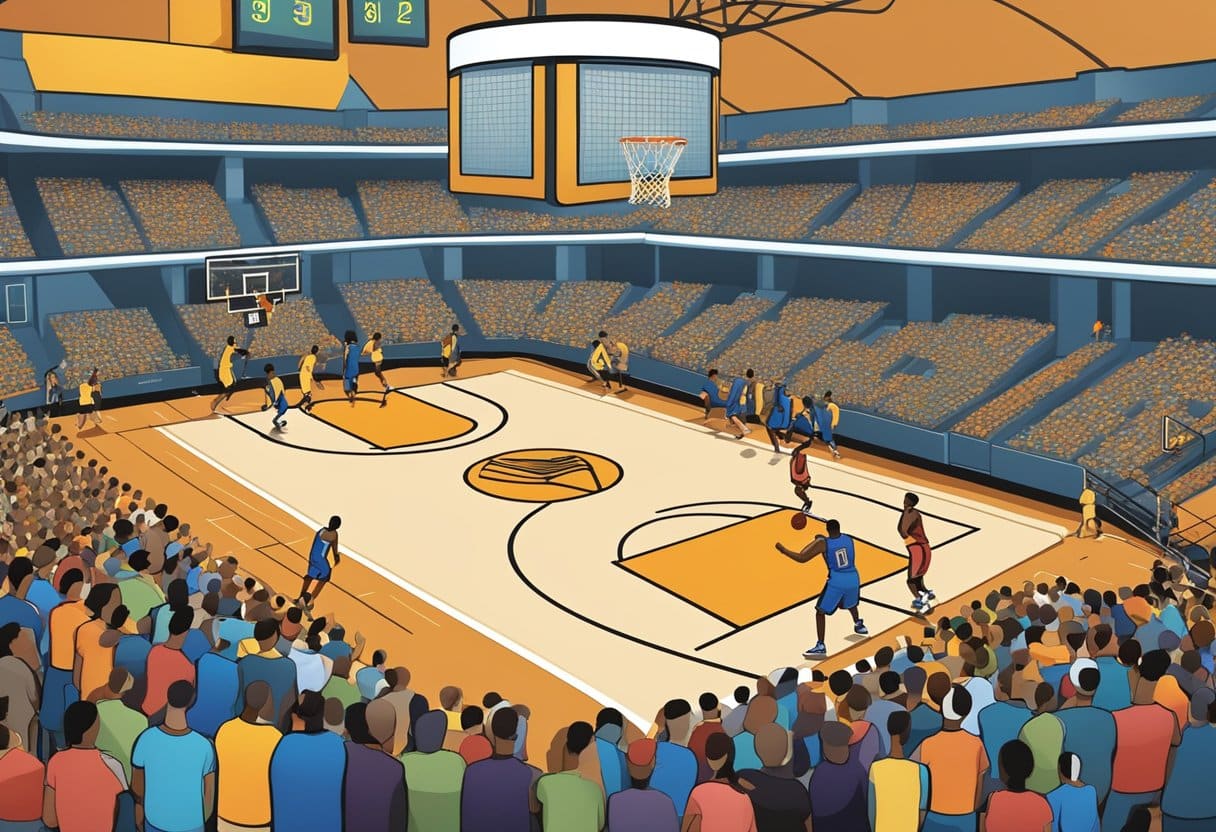 A basketball game with players in action, surrounded by a crowd, and a scoreboard displaying statistical data