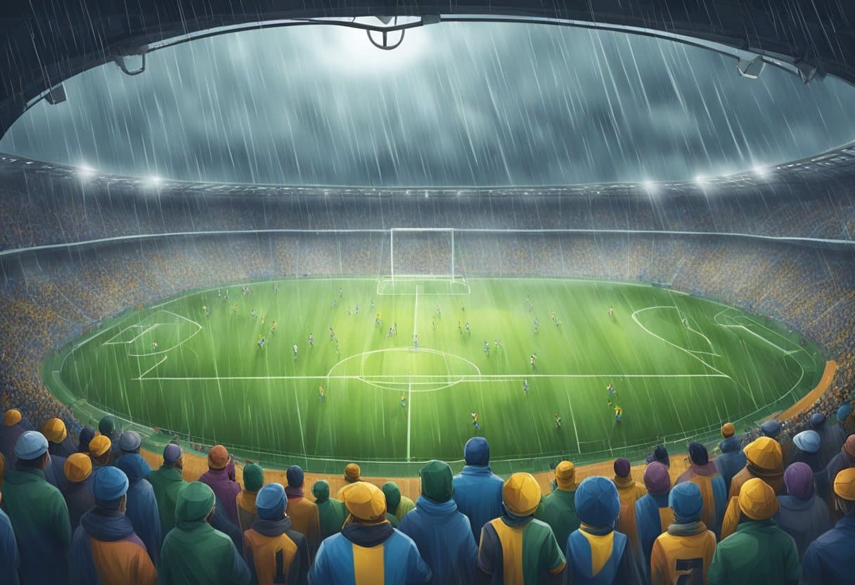 A soccer game being played in a stadium during a heavy rainstorm, with players slipping on the wet field and spectators huddled under umbrellas