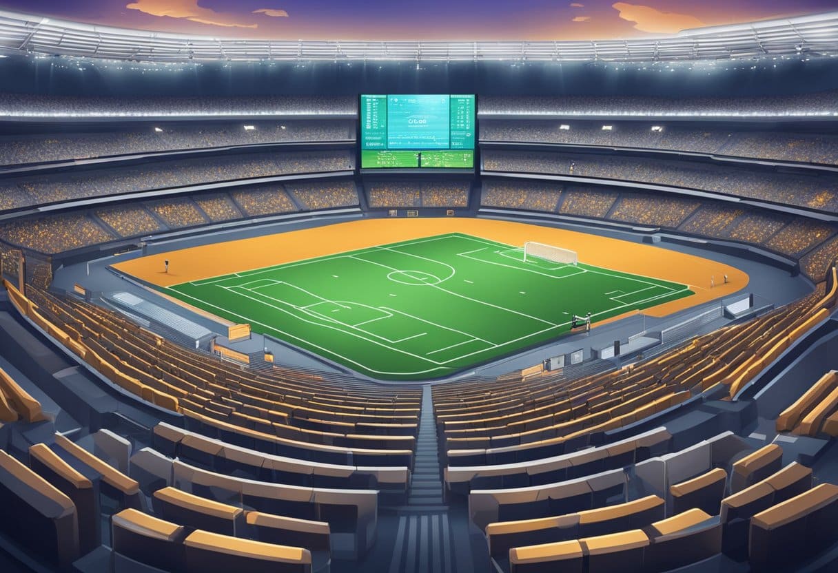 A sports stadium with a digital scoreboard displaying cryptocurrency logos and betting odds, surrounded by regulatory documents and officials