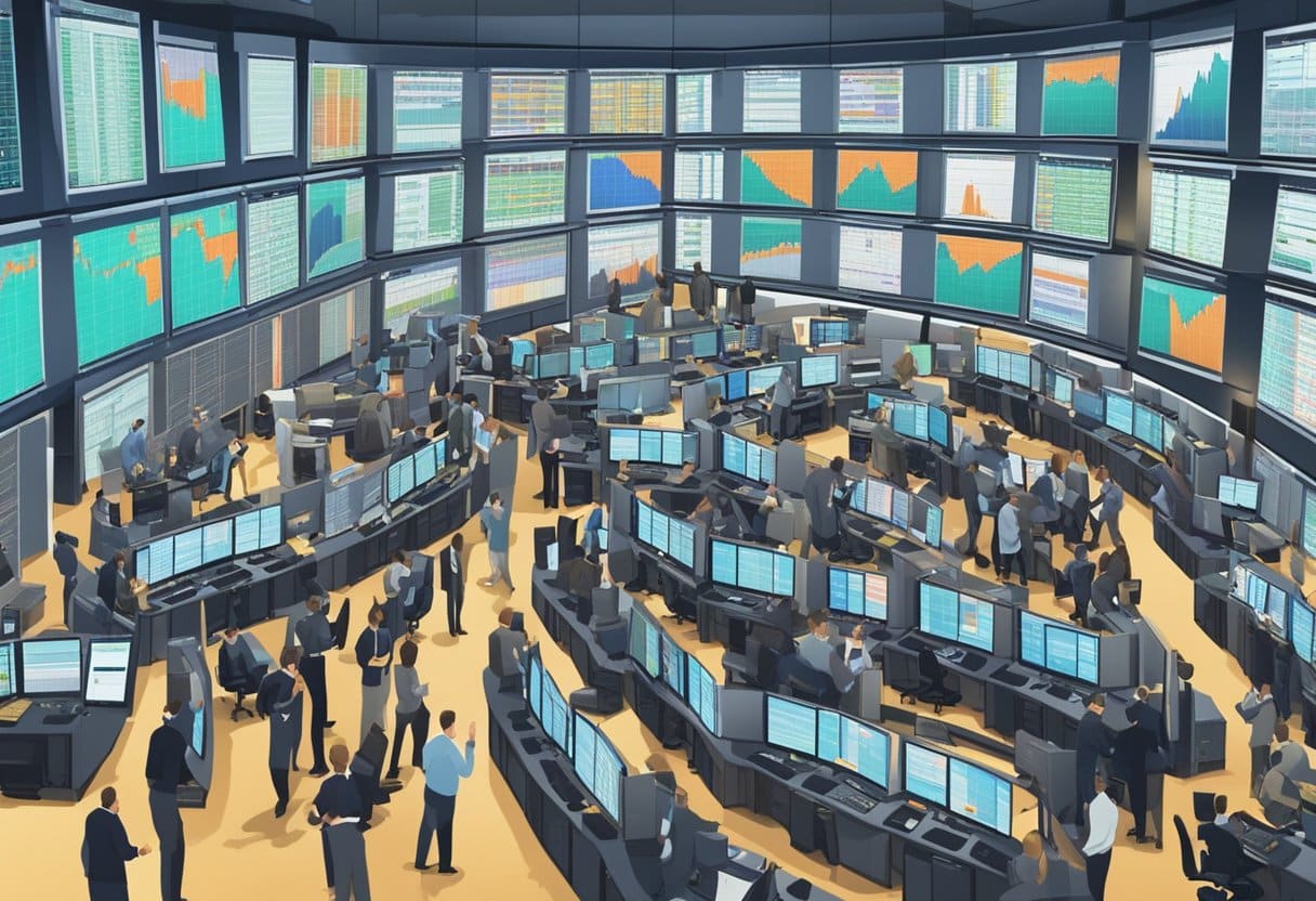 A bustling trading floor with traders gesturing and shouting, surrounded by screens displaying stock prices and futures market data