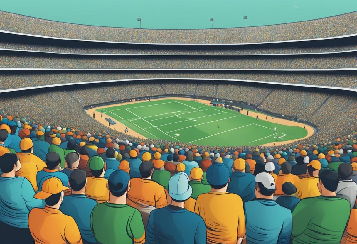 A crowded sports stadium with a majority of fans wearing the same team's colors, while a lone figure stands out by betting against the popular choice