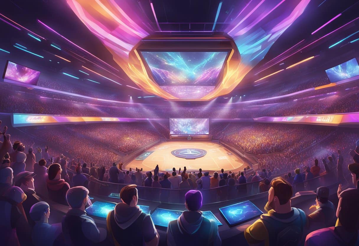 A futuristic esports arena filled with holographic displays and a crowd of enthusiastic fans cheering on their favorite teams