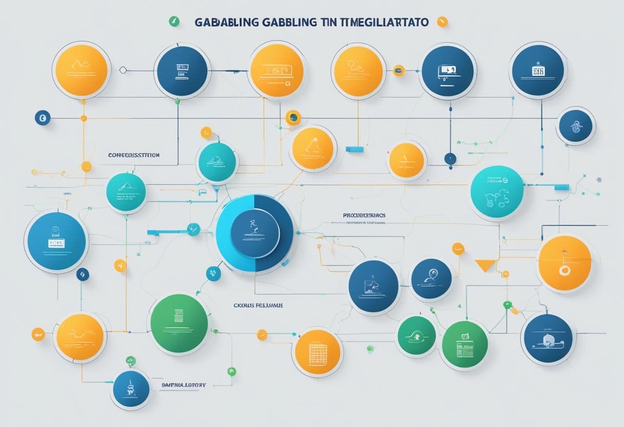 A timeline of gambling regulation from traditional to digital platforms, with key milestones highlighted and connected by a thread of progress