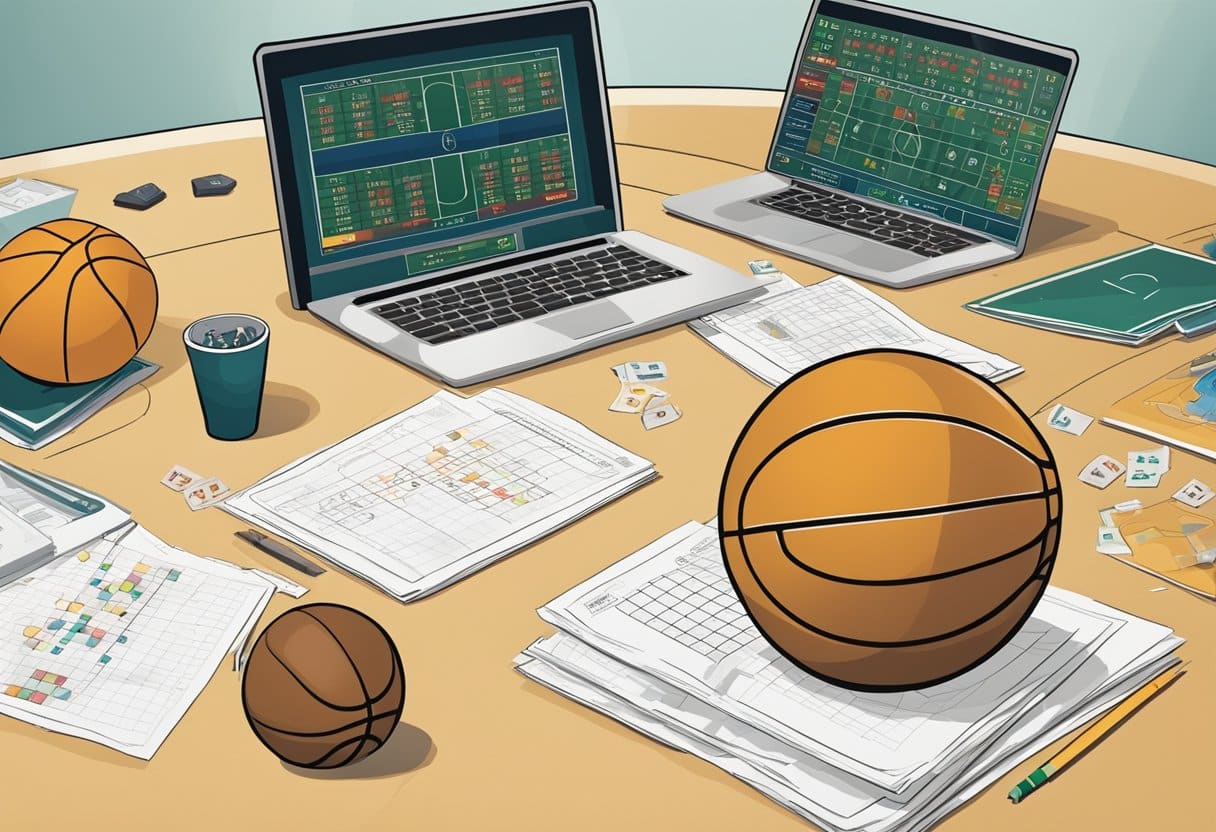 A football and basketball game in progress, with betting odds and strategy charts displayed on a table