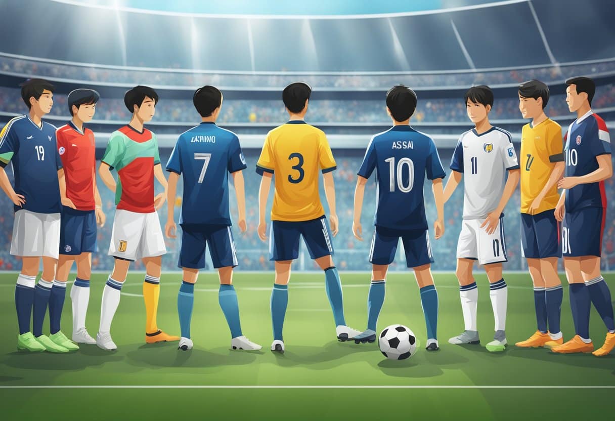 A soccer field with a ball positioned on the center spot, surrounded by players in various team jerseys, with a scoreboard displaying Asian handicap odds