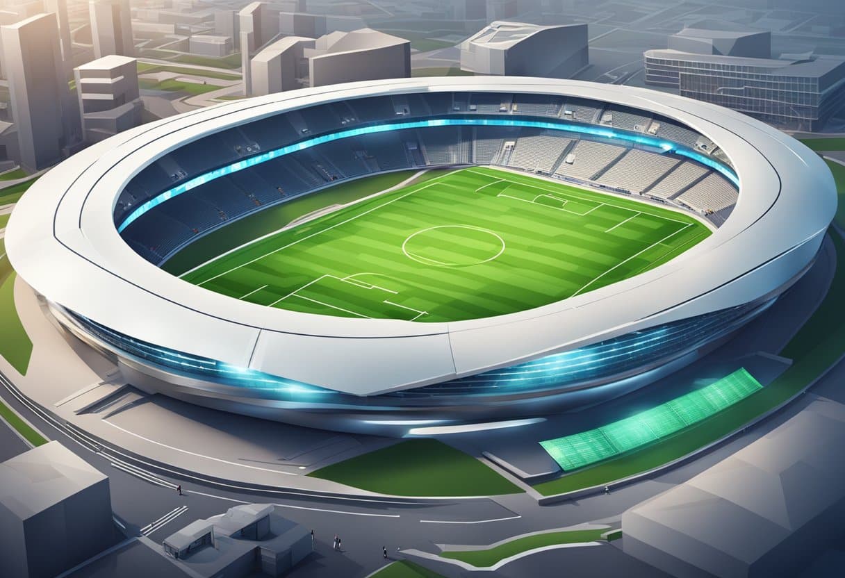 A futuristic stadium with advanced surveillance technology monitoring every aspect of the game, ensuring fair play and integrity in the betting industry