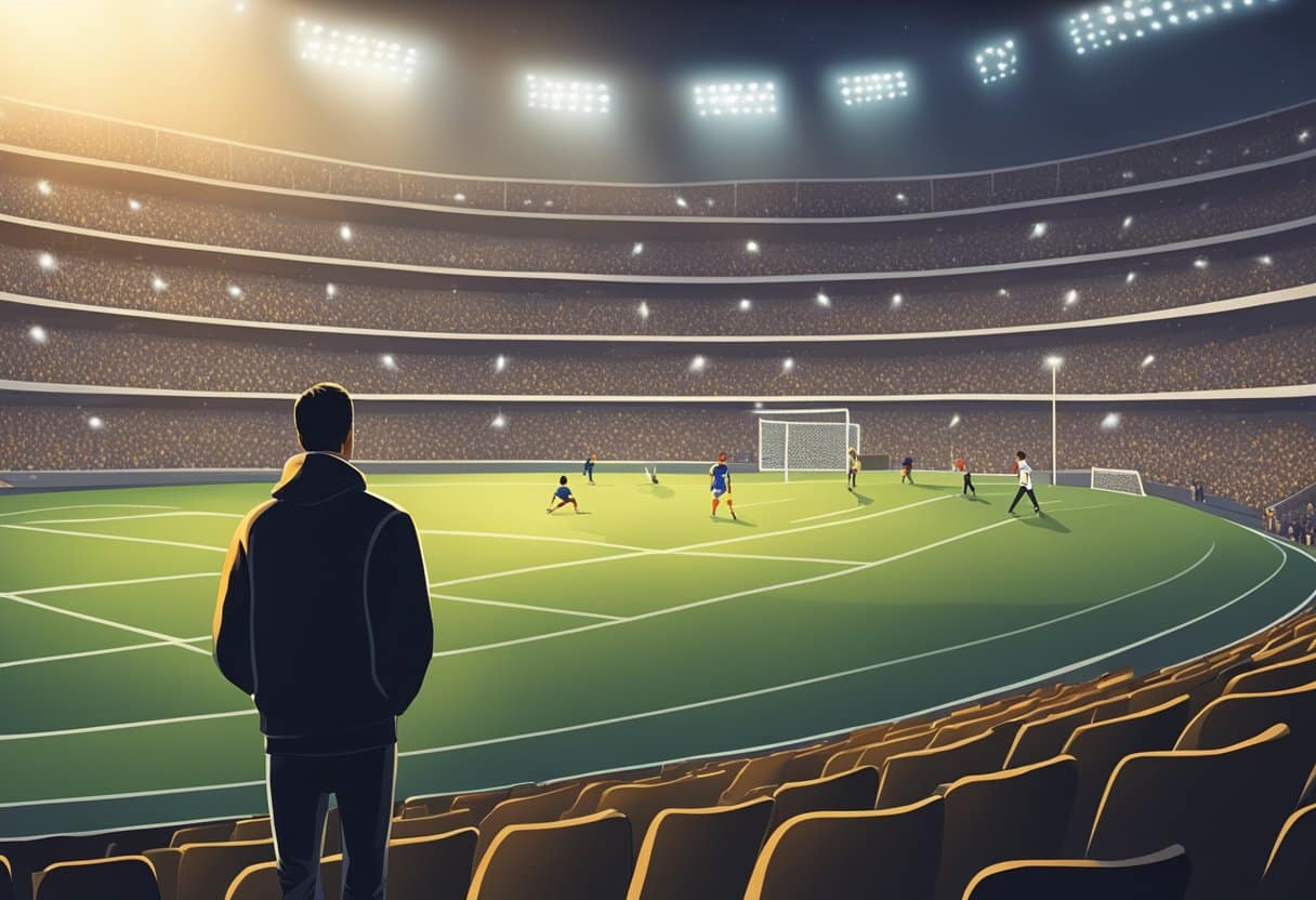 v2-tl0u4-m6gq7 - Betting Online A crowded stadium with a spotlight on a lone athlete in a niche sport, surrounded by empty seats and overlooked by a group of intrigued onlookers