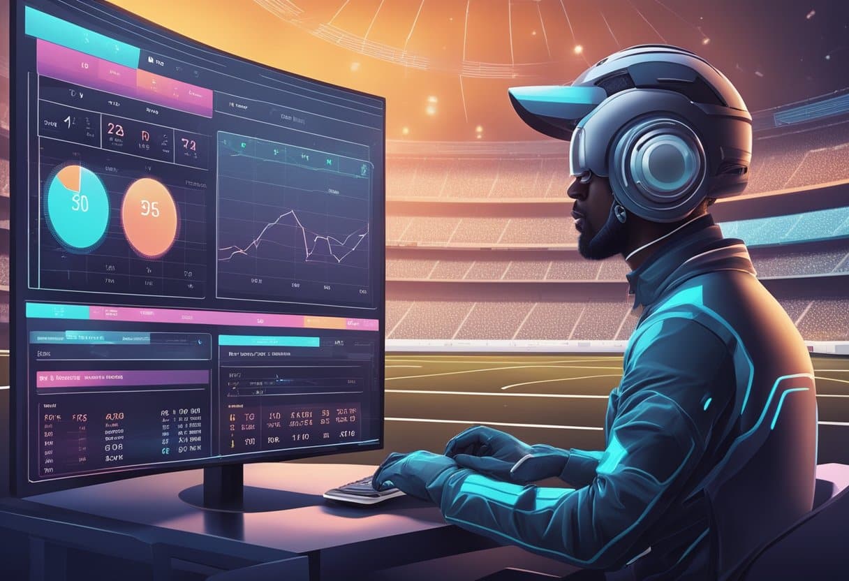 v2-tl139-a64gs - Betting Online A futuristic AI analyzing sports data with betting odds displayed on a digital screen