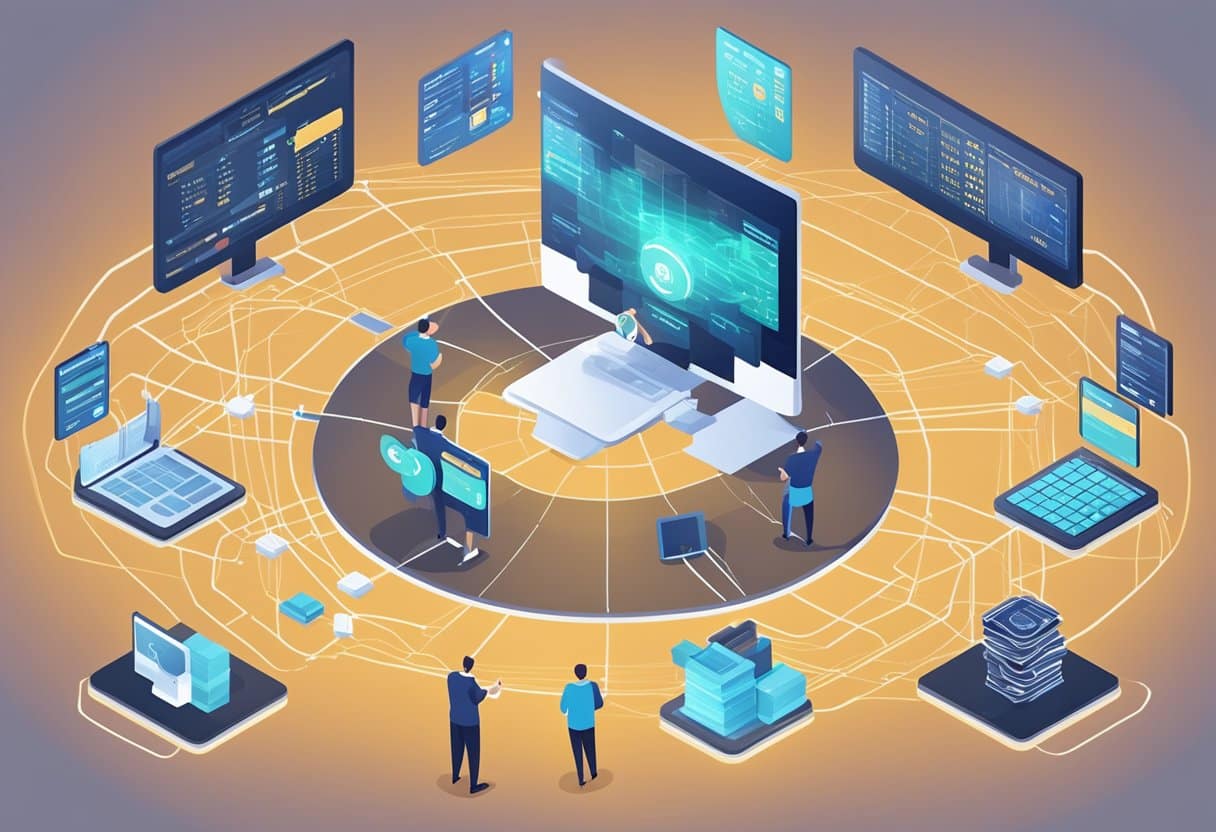 A sports betting operation surrounded by a web of data privacy laws, with a scale representing the impact on one side and the betting operations on the other