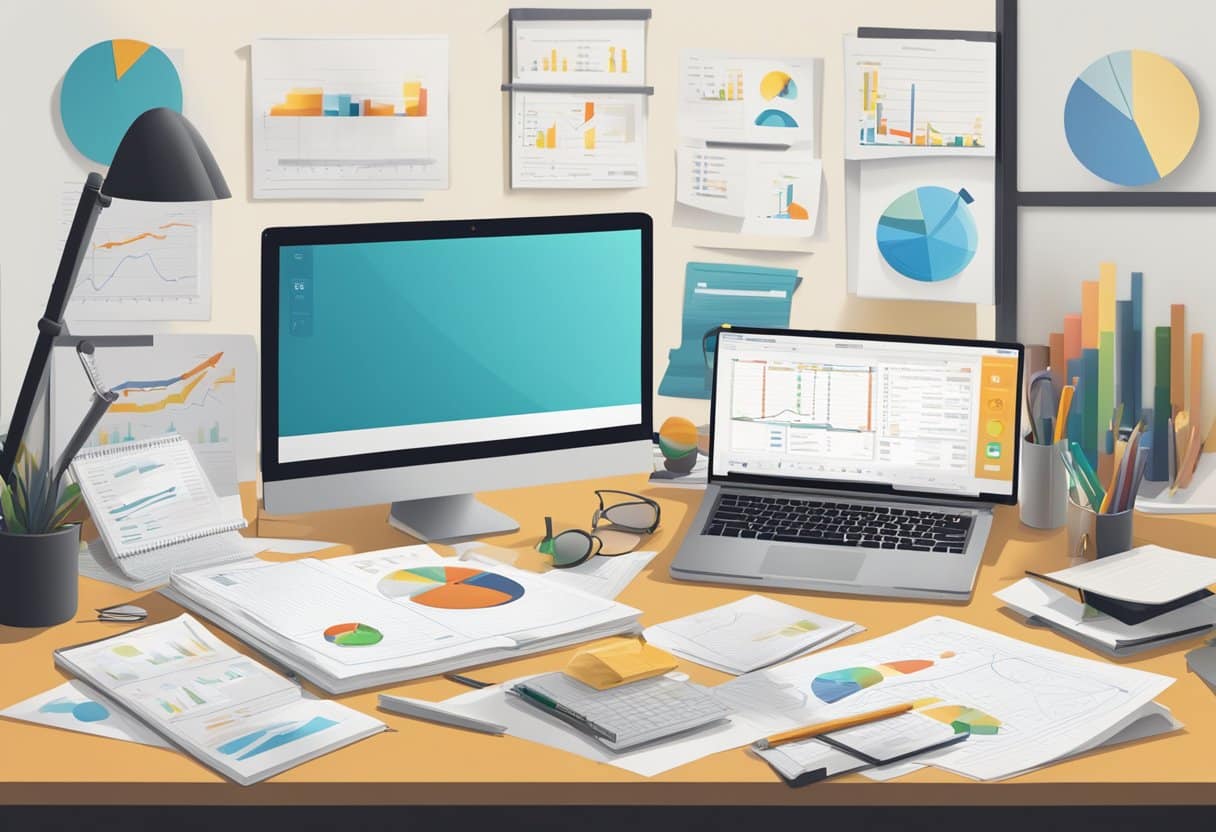 v2-tl1bw-wn73b - Betting Online A cluttered desk with open notebooks, scattered papers, and a laptop displaying sports statistics and graphs