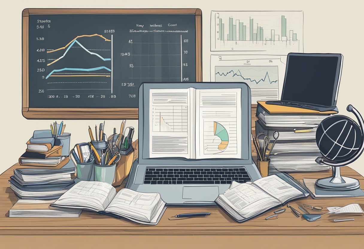 A cluttered desk with open books, charts, and sports equipment, surrounded by a chalkboard covered in advanced stats and situational analysis