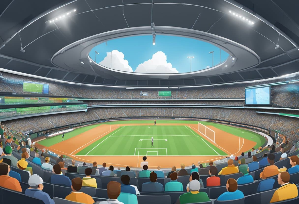 v2-tl1hc-ak4zq - Betting Online A sports stadium with a large screen displaying meteorological data, surrounded by analysts and bettors studying the information