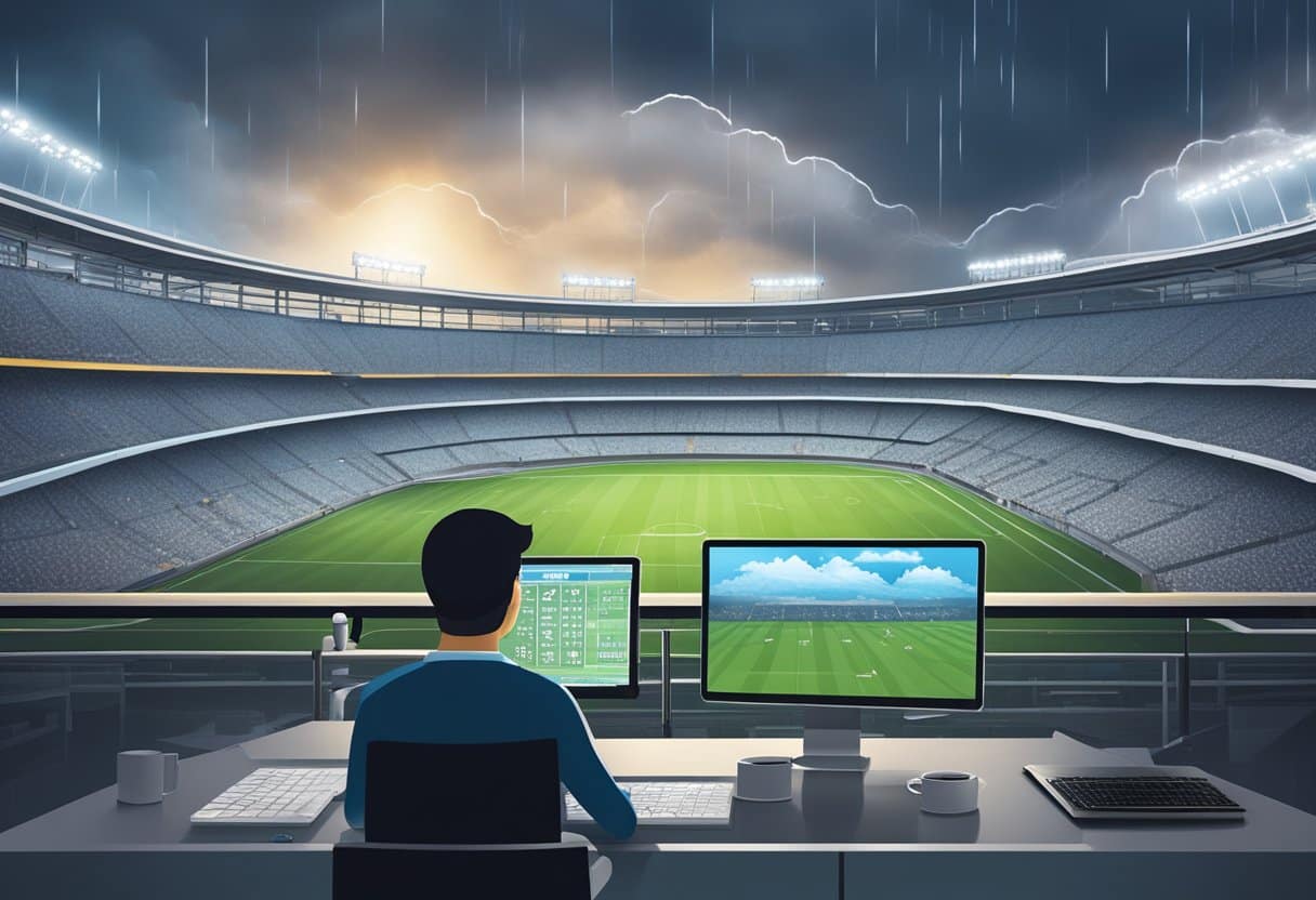 A sports stadium with a backdrop of changing weather conditions, including clouds, rain, and sun, while data analytics are being analyzed on a computer screen
