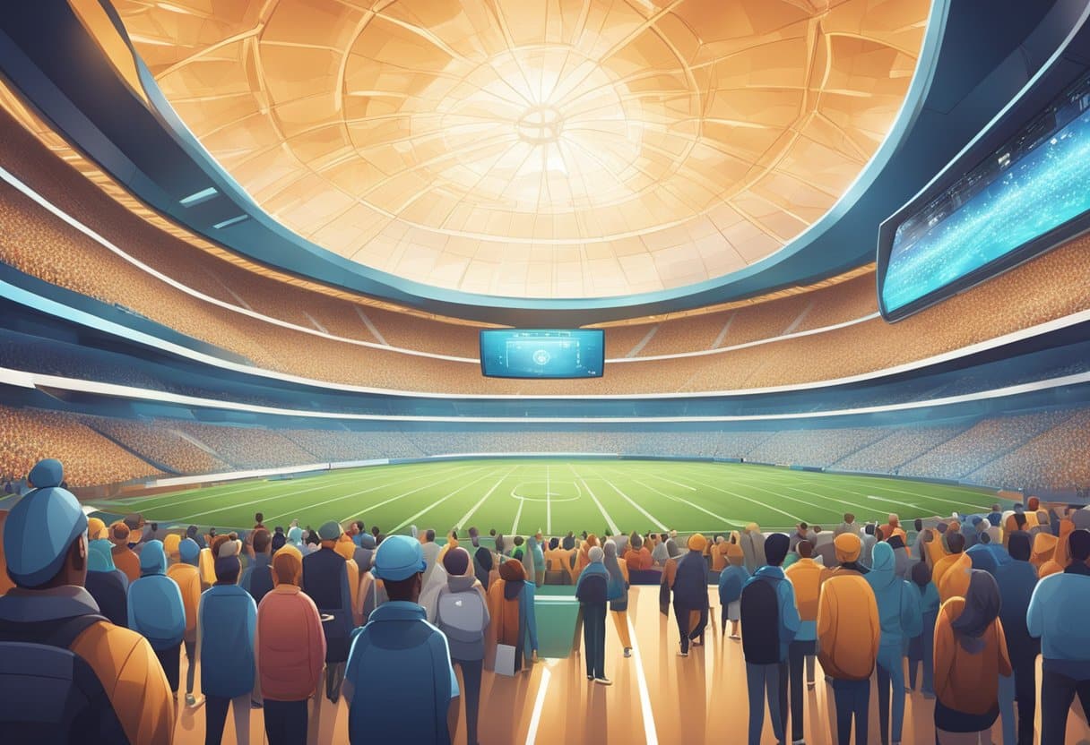 v2-tl1sk-k59jg - Betting Online A futuristic stadium with sleek, high-tech betting kiosks and screens integrated seamlessly into the architecture, surrounded by a bustling crowd of sports fans