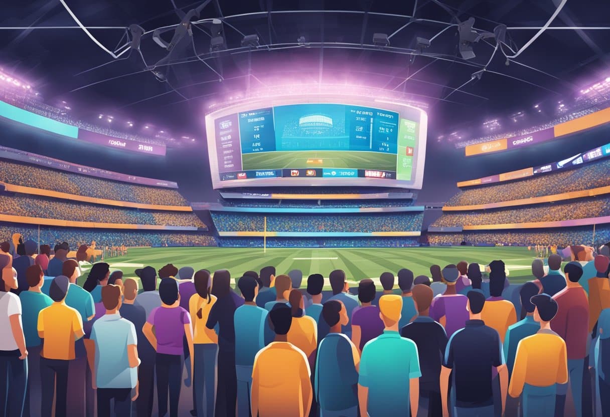 v2-tl1su-vjzah - Betting Online A crowded stadium with digital screens displaying odds and betting options, while fans interact with mobile betting apps and kiosks