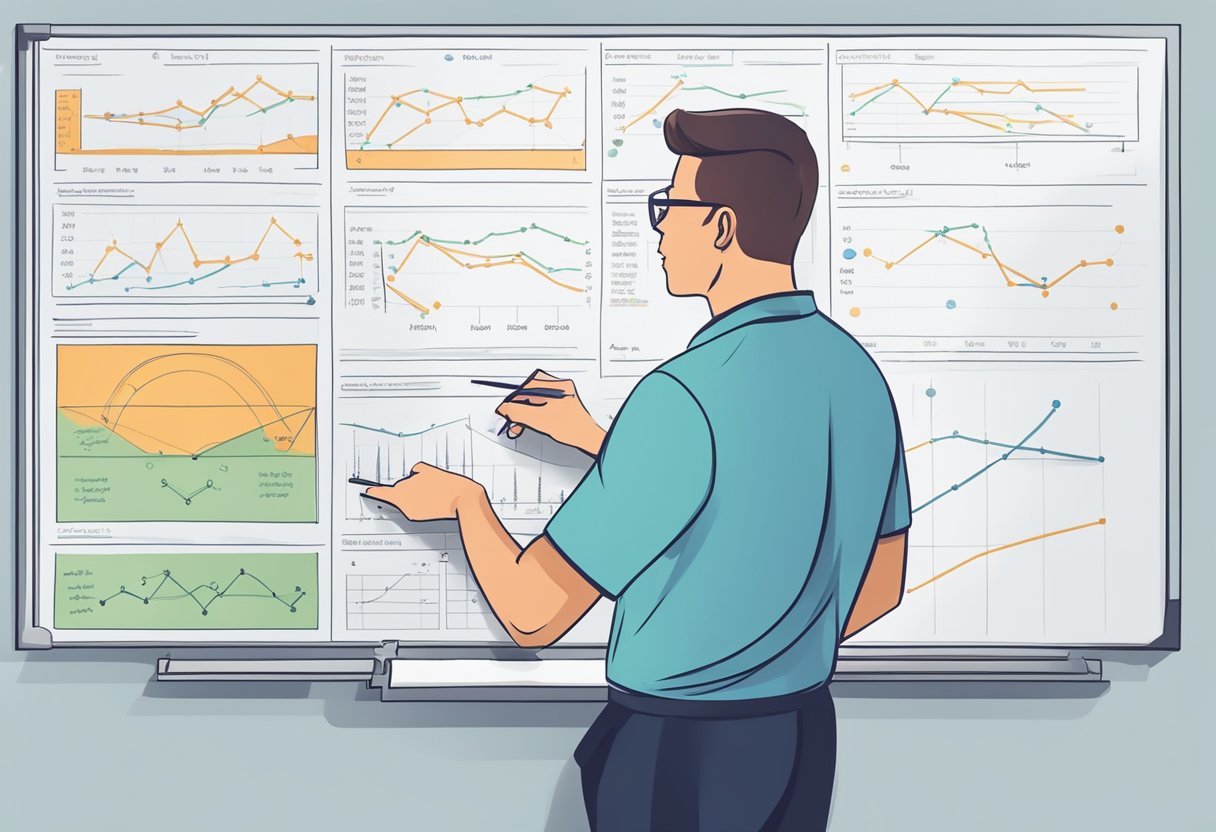A sports coach making strategic halftime adjustments on a whiteboard. Charts, diagrams, and statistics are displayed, highlighting key strategies for second-half betting