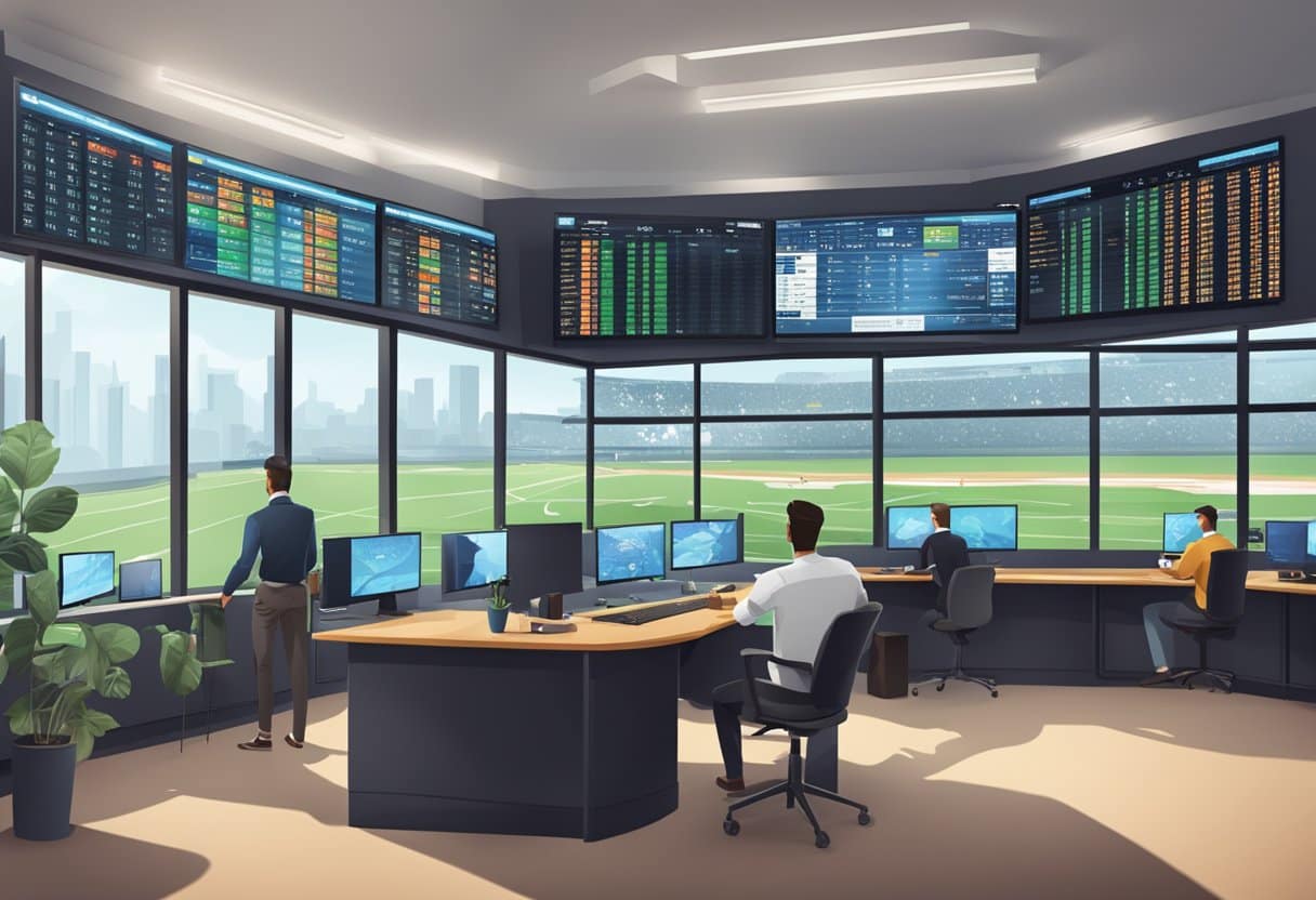A modern, global sports betting office with digital screens displaying tax implications and professional bettors analyzing data