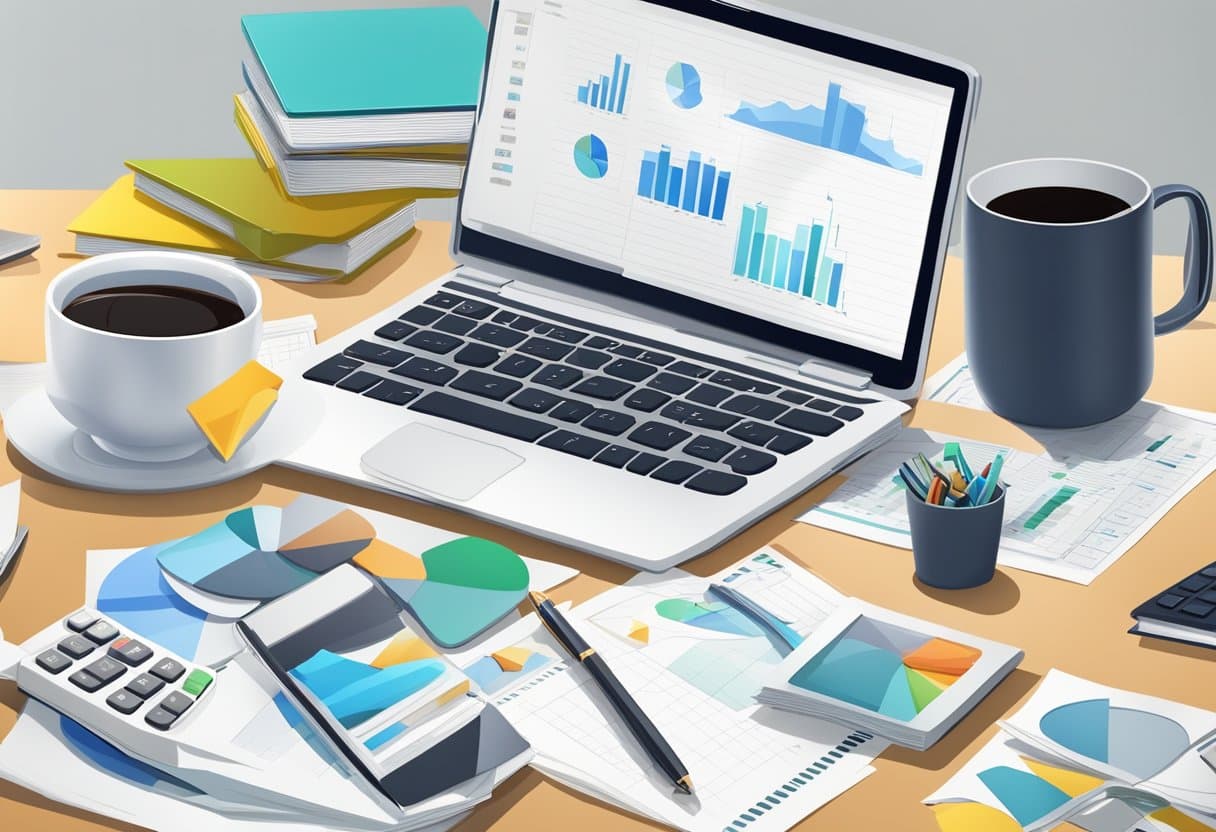 A cluttered desk with scattered papers, books, and a laptop. A stack of financial reports and charts. A mug of coffee and a calculator