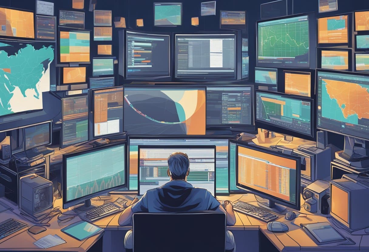 v2-tl2qx-g04fj - Betting Online A person surrounded by computer screens, analyzing data and making high-volume bets on sports events