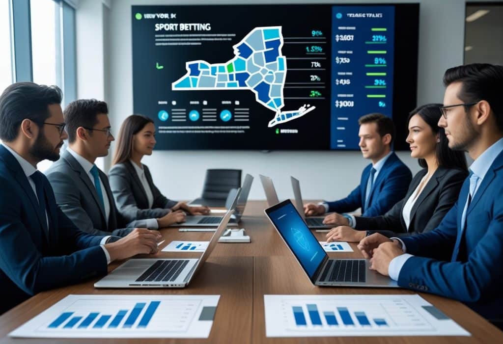 Six business professionals sit at a conference table with laptops and charts, discussing data. A large screen behind them displays a map, graphs, and statistics about New York’s online sportsbook tax rate and proposed changes 2025. - Betting Online Six business professionals sit at a conference table with laptops and charts, discussing data. A large screen behind them displays a map, graphs, and statistics about New York’s online sportsbook tax rate and proposed changes 2025.