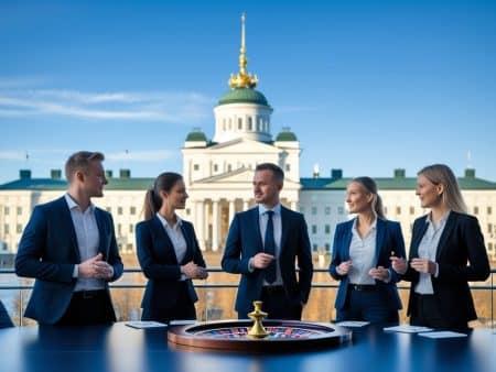 Five business professionals in suits stand around a roulette table, conversing and smiling, with a grand neoclassical building—an icon of the Nordic gambling market—featuring a green dome and gold spire in the background under a clear blue sky.
