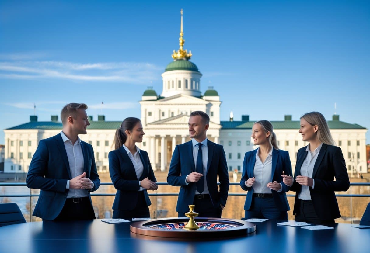 Business professionals discussing near a government building in a Finnish city with gambling-related items on a table.