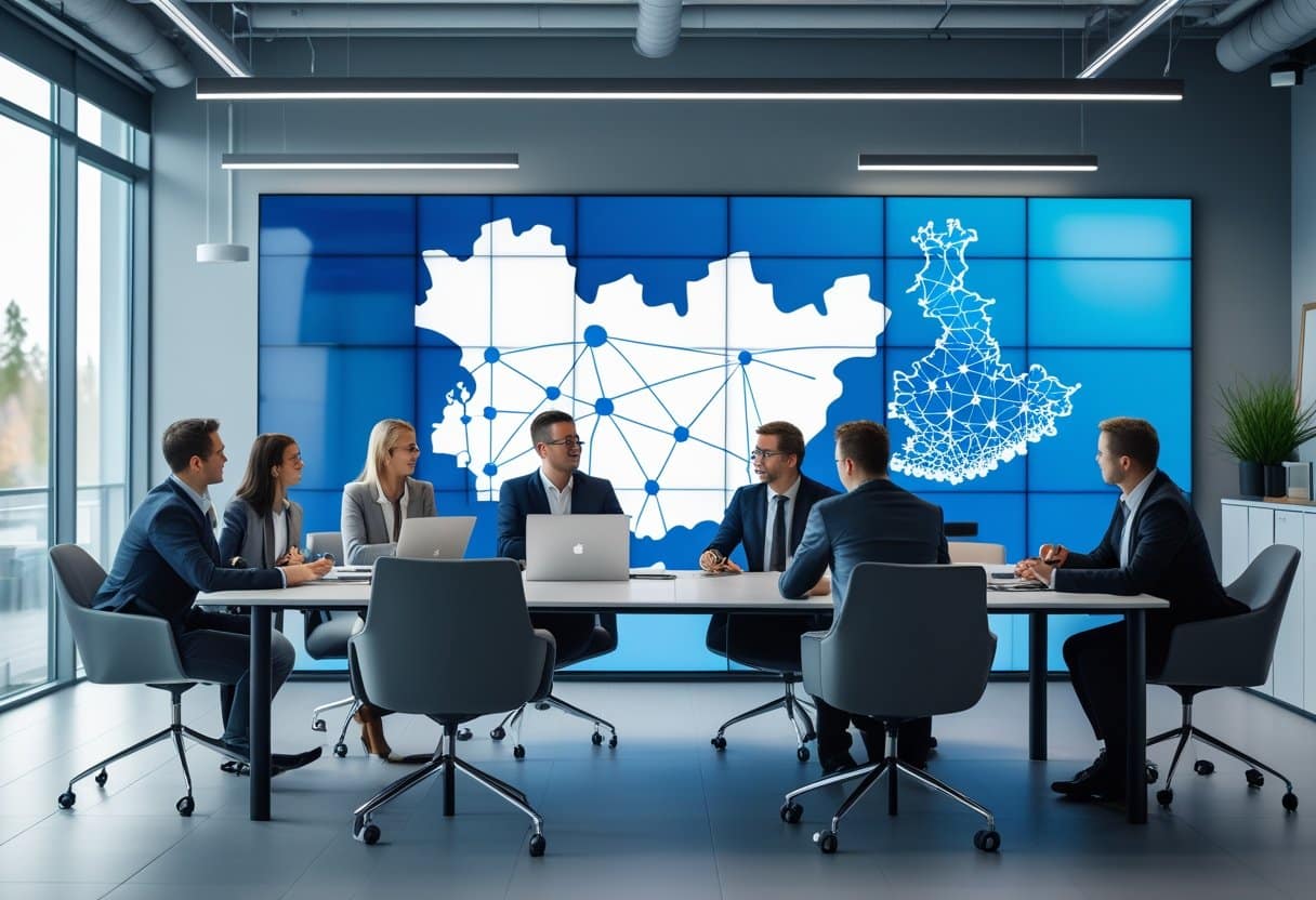 A group of business professionals in a modern conference room discussing a digital map of Finland representing new licensing opportunities.