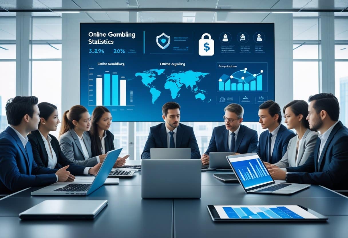 A group of business professionals sits around a conference table with laptops, analyzing charts and graphs on screens, while a large display behind them shows online gambling statistics and data visualizations related to deposit limits set by online operators. - Betting Online A group of professionals in a modern office discussing financial data related to online gambling around a table with laptops and charts.