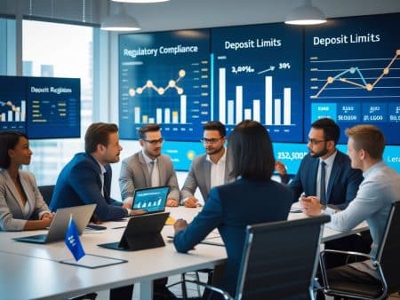 A group of business professionals in a conference room discuss financial data, with charts and graphs on large screens behind them showing figures on deposit limits and Dutch Gambling Authority regulations for online operators.