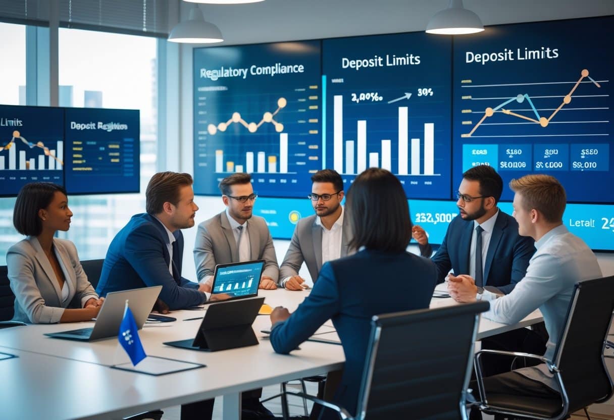 A group of business professionals in a conference room discuss financial data, with charts and graphs on large screens behind them showing figures on deposit limits and Dutch Gambling Authority regulations for online operators. - Betting Online A group of professionals in a modern office discussing financial data on screens, with a small Dutch flag visible, symbolizing regulation in online gambling.