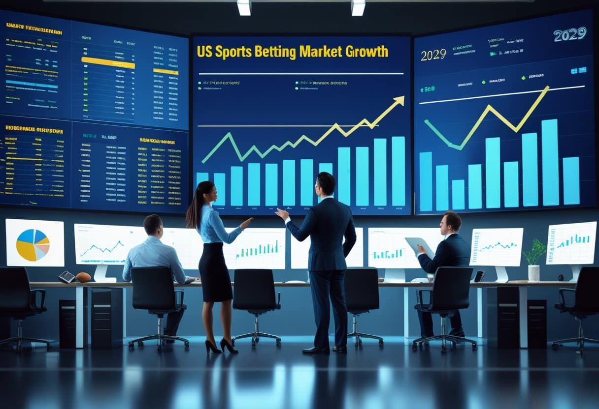 Four professionals in business attire analyze large display screens showing US sports betting market analysis, with charts and graphs highlighting growth trends and projections for 2029 in a modern office setting. - Betting Online Business professionals analyzing financial charts and sports memorabilia in an office setting representing growth in the US sports betting market.