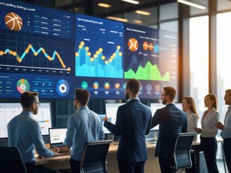 A group of professionals in an office analyze sports betting data and graphs displayed on large screens, with charts showing basketball statistics, business analytics, and regional trends in the US sports betting market.