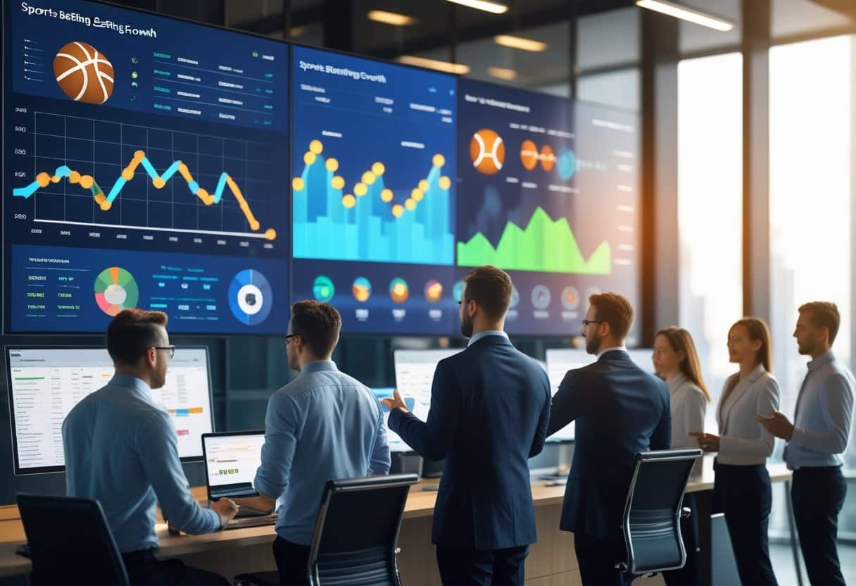 Business professionals in an office analyzing digital screens with sports-related graphs and data visualizations.