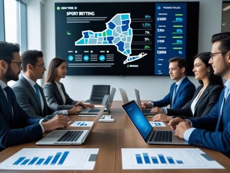 Six business professionals sit at a conference table analyzing sports betting data; a large screen behind them highlights New York online sportsbook tax rate statistics and 2025 proposed changes impacting sportsbook operators.
