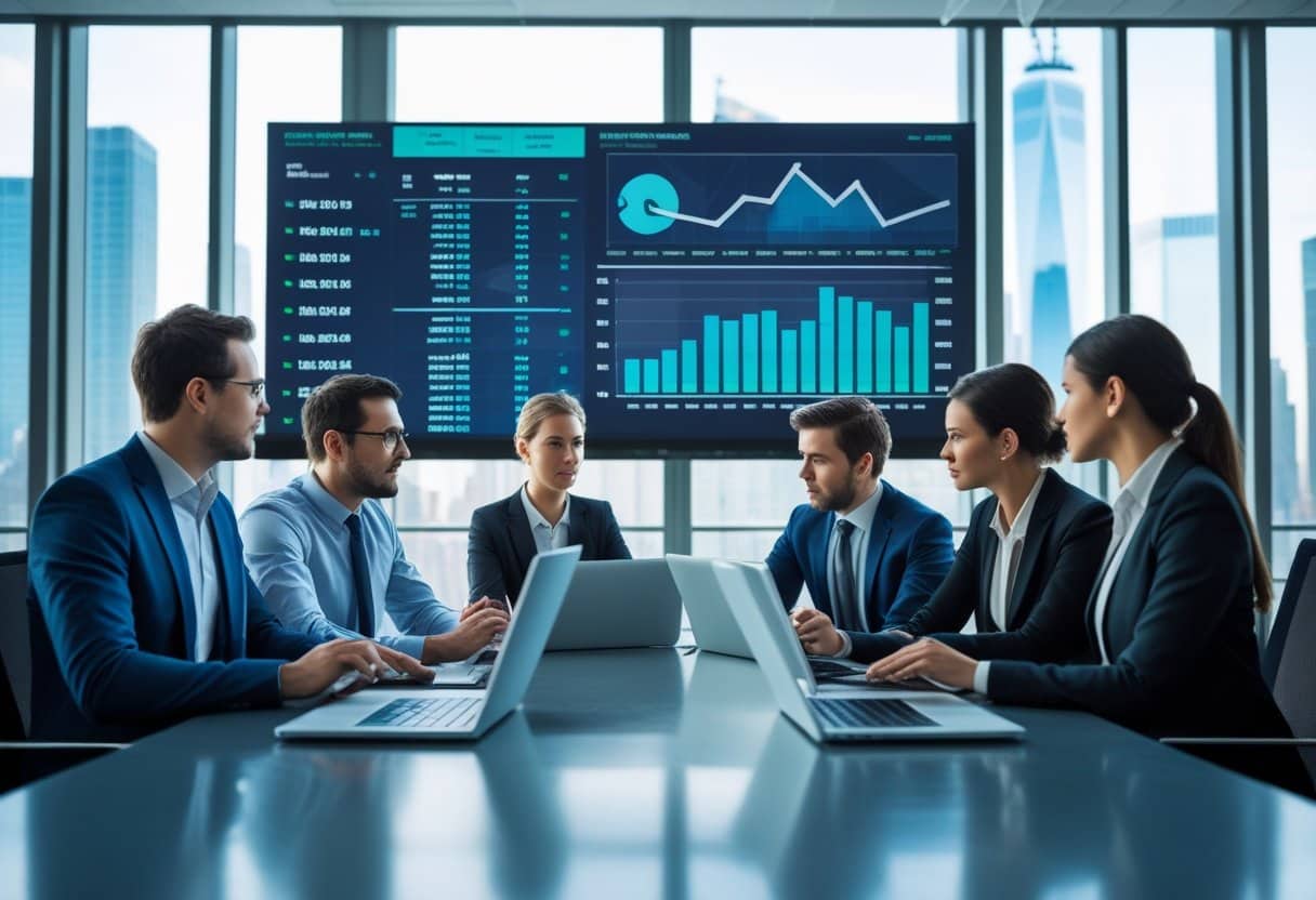 Business professionals discussing sportsbook data in a modern office with a view of New York City skyline.
