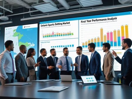 A group of business professionals in suits discuss data in a modern conference room, with large digital screens displaying Ontario Sports Betting market stats and performance analysis charts in the background.