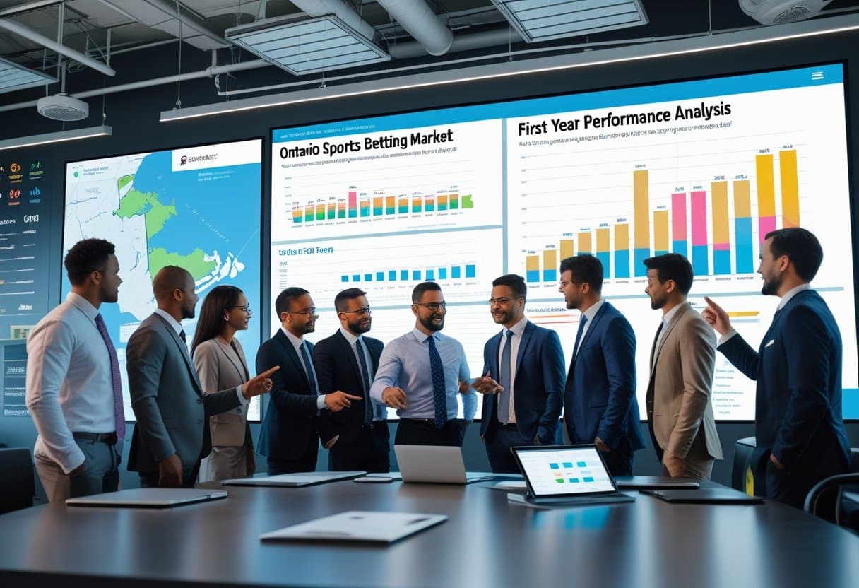 A group of business professionals discussing sports betting market data displayed on a large screen in a modern office.