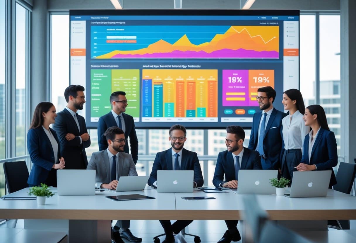 A group of business professionals analyzing sports betting market data around a conference table with digital charts and graphs displayed on screens in a bright office.